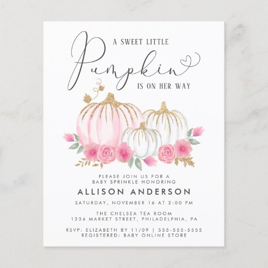 pompoen roze bloemig baby meisje sprinkle uitnodig (Voorkant)