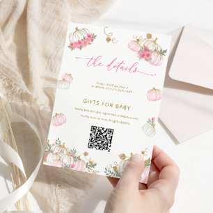 Pompoen Roze Bloemige Baby Shower Details Kaart