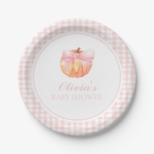 Pompoen Roze boog en gingham baby shower Papieren Bordje (Voorkant)
