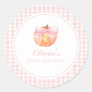 Pompoen Roze boog en gingham baby shower Ronde Sticker