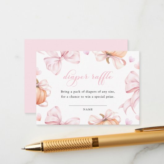 Pompoen Roze Bow Baby shower Luier Raffle Informatiekaartje (Voorkant / Achterkant in situ)