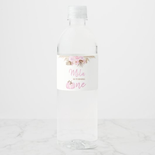 Pompoen Roze Eerste Verjaardag Water Fles Label Waterfles Etiket (Voorkant)