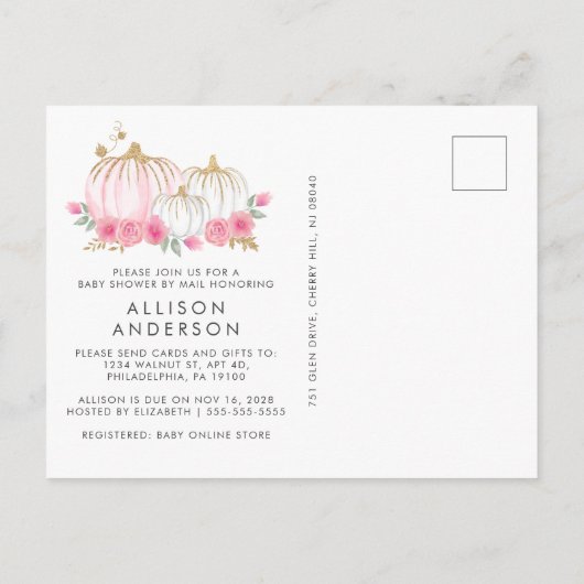 Pompoen roze Floral Baby Girl schoen per post Uitnodiging Briefkaart (Achterkant)