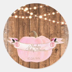 Pompoen Roze Glitter Herfst Roestig Hout Lichtjes Ronde Sticker