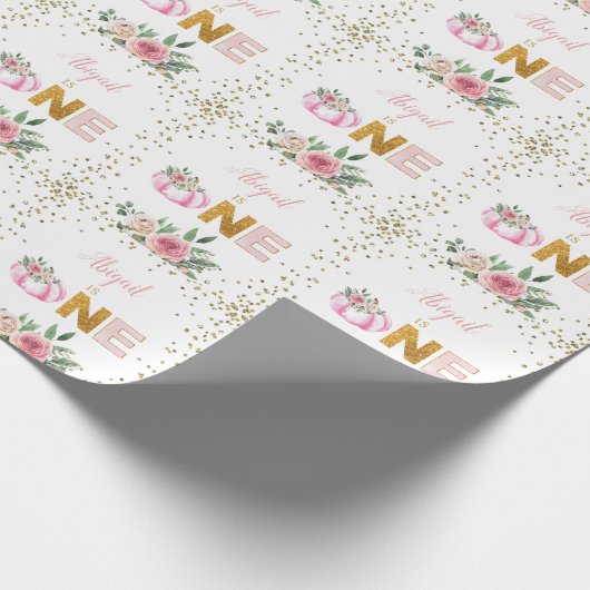 Pompoen Roze Goud Bloemen Gepersonaliseerd 1e Verj Cadeaupapier (Hoek)