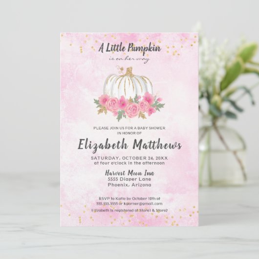 Pompoen Roze Goud Herfst Meisje Baby shower Kaart (Staand voorkant)