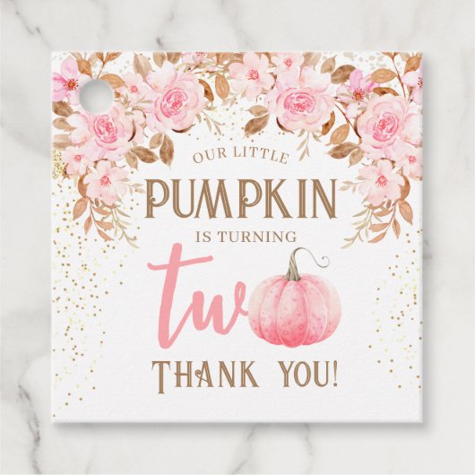 Pompoen Roze & Goud Meisje Bloemen Herfst 2e Verja Bedankjes Labels (Voorkant)