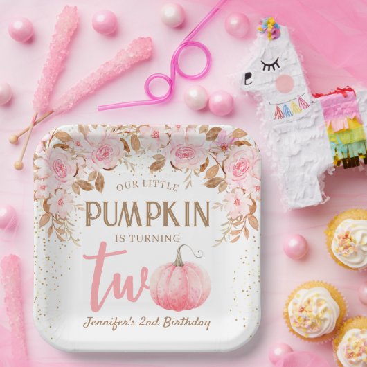 Pompoen Roze & Goud Meisje Bloemen Herfst 2e Verja Papieren Bordje (Feest)