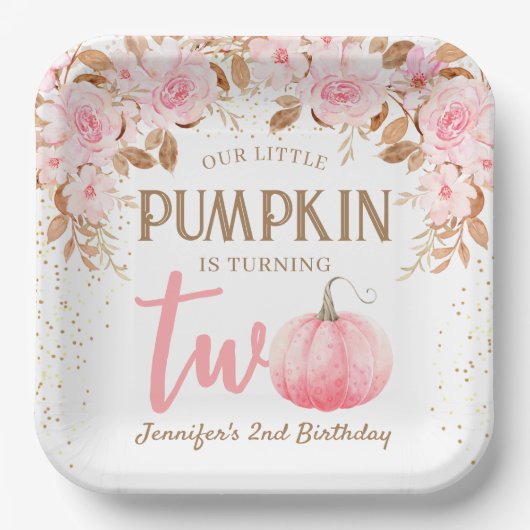 Pompoen Roze & Goud Meisje Bloemen Herfst 2e Verja Papieren Bordje (Voorkant)