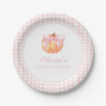 Pompoen Roze strik en geruite baby shower