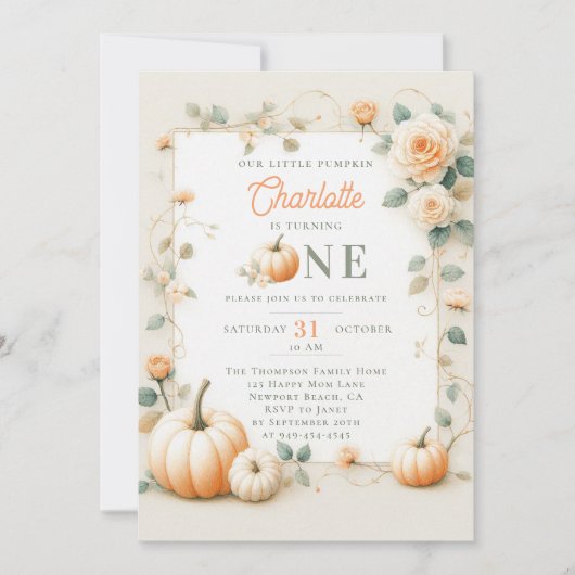  pompoen Rozen Lijst Girly 1e verjaardag Kaart (Voorkant)