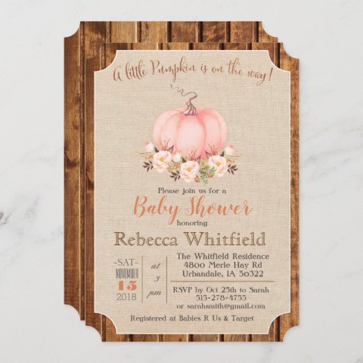 Pompoen Rustic Floral Wood Baby shower Uitnodiging (Voorkant / Achterkant)