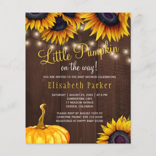 Pompoen rustieke budget babyshower uitnodiging (Voorkant)