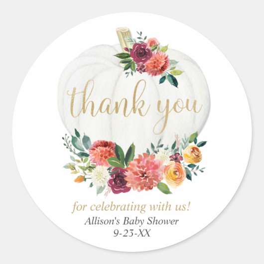 Pompoen rustieke herfst bloemenbordeaux goudgroen ronde sticker (Voorkant)