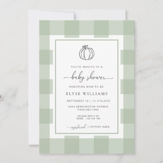 Pompoen Sage Green Gingham Baby shower Kaart (Voorkant)