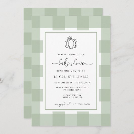 Pompoen Sage Green Gingham Baby shower Kaart (Voorkant / Achterkant)