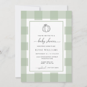 Pompoen Sage Green Gingham Baby shower Kaart