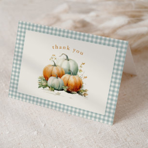 Pompoen Salie Groen Gingham Herfst Baby Shower Bedankkaart