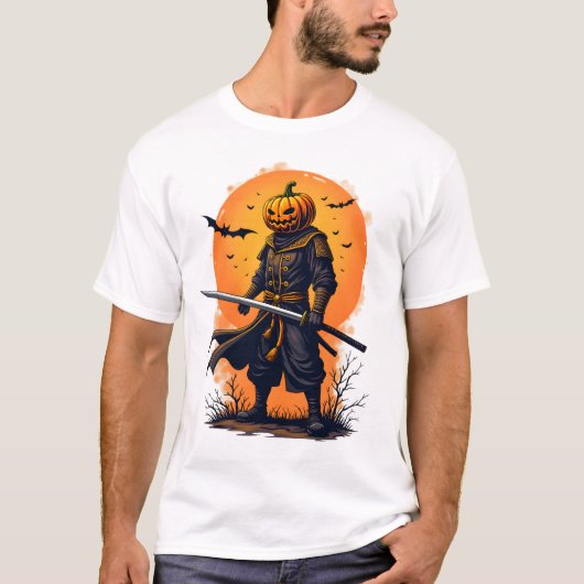 Pompoen Samurai � Halloween Krijger T-Shirt (Voorkant)
