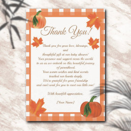 Pompoen Sinaasappel Gingham Herfst Baby shower Bedankkaart