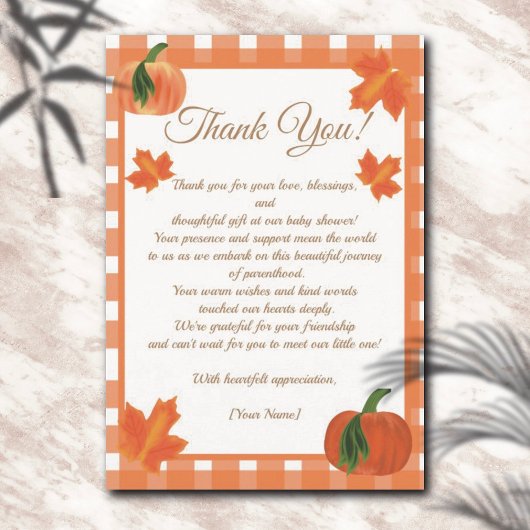 Pompoen Sinaasappel Gingham Herfst Baby shower Bedankkaart