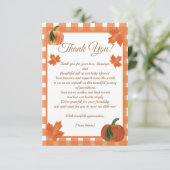 Pompoen Sinaasappel Gingham Herfst Baby shower Bedankkaart (Staand voorkant)