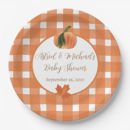 Pompoen Sinaasappel Gingham Herfst Baby shower Papieren Bordje