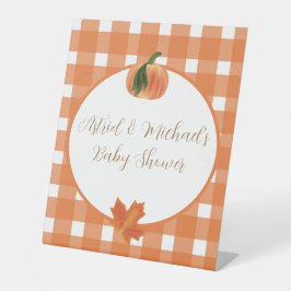 Pompoen Sinaasappel Gingham Herfst Baby shower Reclamebord Met Voetstuk