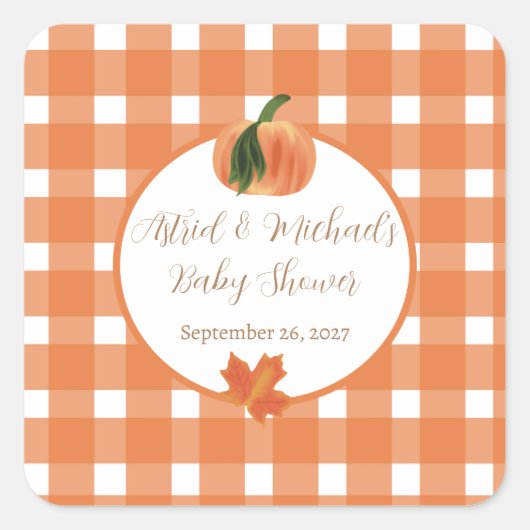 Pompoen Sinaasappel Gingham Herfst Baby shower Vierkante Sticker (Voorkant)