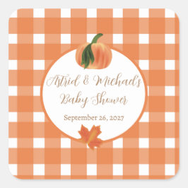 Pompoen Sinaasappel Gingham Herfst Baby shower Vierkante Sticker