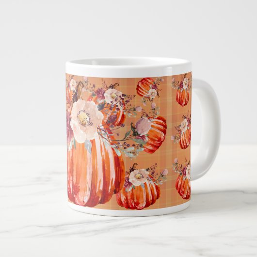Pompoen sinaasappel herfst bloemenplaid check herf grote koffiekop (Voorkant rechts)