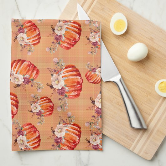Pompoen sinaasappel herfst bloemenplaid check herf theedoek (Quarter Fold)