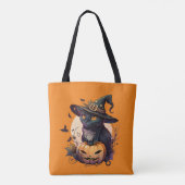 Pompoen Sinaasappel Kat Liefhebbers Halloween Zwar Tote Bag (Achterkant)