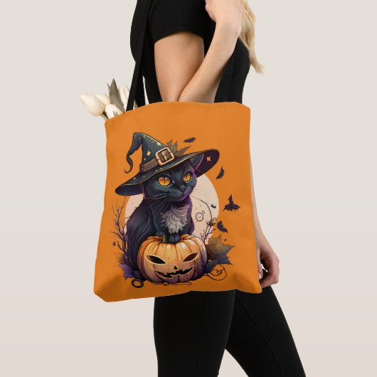 Pompoen Sinaasappel Kat Liefhebbers Halloween Zwar Tote Bag (Dichtbij)