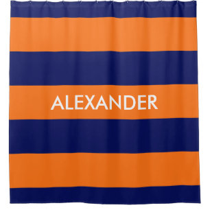 Pompoen Sinaasappel Navy Blauw Bold H Streep #3 Mo Douchegordijn