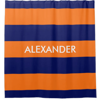 Pompoen Sinaasappel Navy Blauw Bold H Streep #3 Mo Douchegordijn
