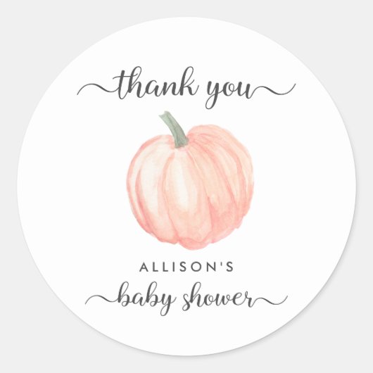 Pompoen Sinaasappel Waterverf Baby shower Dank u Ronde Sticker (Voorkant)
