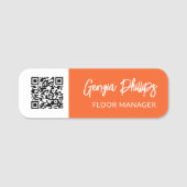Pompoen Sinaasappel Wit QR Code Brush Script Naamplaatje (Voorkant)