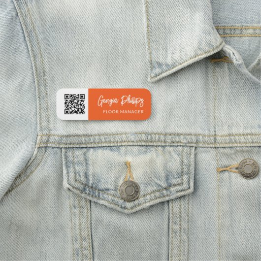 Pompoen Sinaasappel Wit QR Code Brush Script Naamplaatje (In situ)