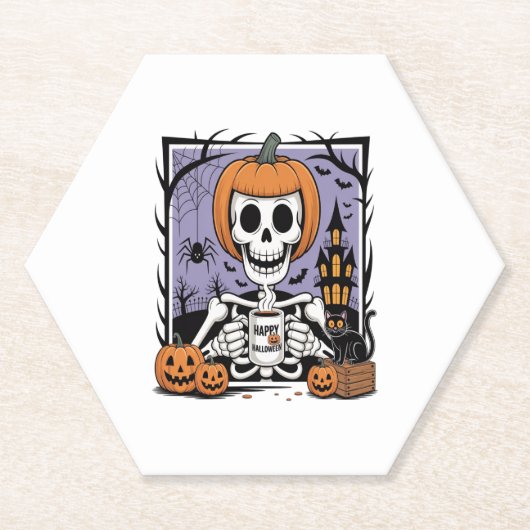 Pompoen Skelet Drink Koffie Kartonnen Onderzetters (Voorkant)