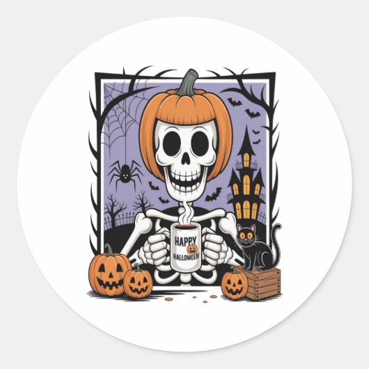Pompoen Skelet Drink Koffie Ronde Sticker (Voorkant)