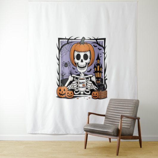 Pompoen Skelet Drink Koffie Wandkleed (In situ)