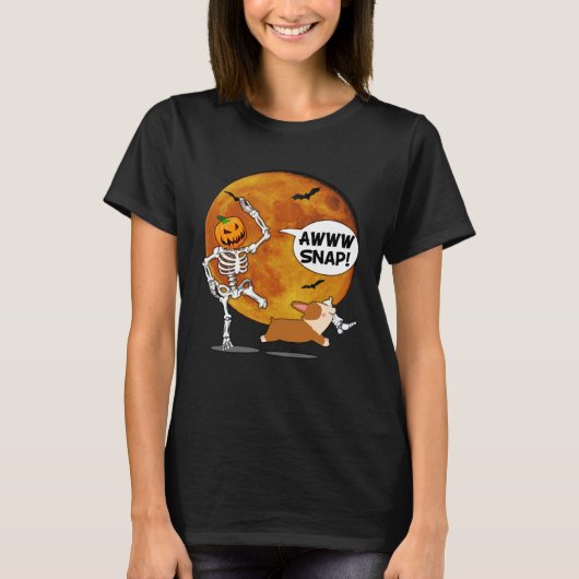 Pompoen Skelet Gebroken Been Halloween Corgi T-shirt (Voorkant)
