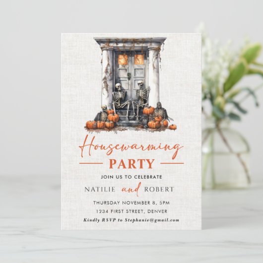 Pompoen Skelet Housewarming Party Kaart (Staand voorkant)