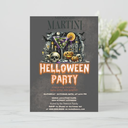 Pompoen skelet schedel Martini eng Halloween Kaart (Staand voorkant)