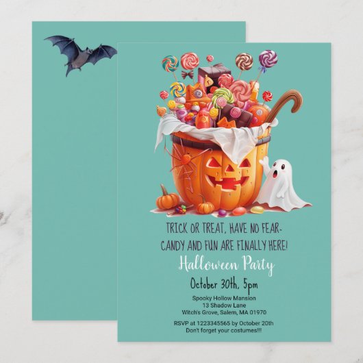 Pompoen Snoepjes Schattige Ghost Halloween feest Kaart (Voorkant / Achterkant)