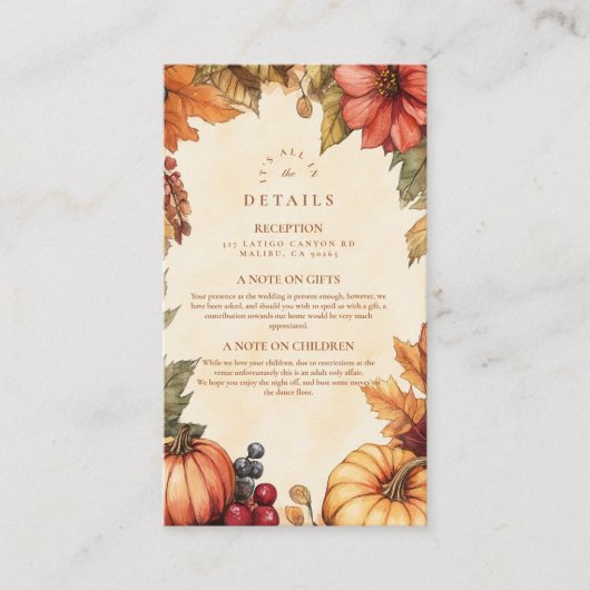 Pompoen Spice Bloemen bruiloft Informatiekaartje (Voorkant)