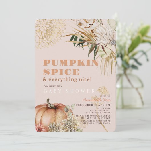 Pompoen Spice Boho Bloemen Roze Meisje Baby shower Kaart (Staand voorkant)