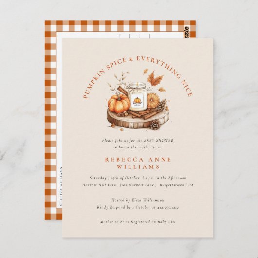 Pompoen Spice & Everything Nice – Herfst Baby show Briefkaart (Voorkant / Achterkant)