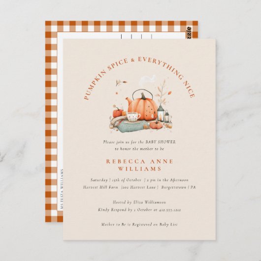 Pompoen Spice & Everything Nice – Herfst Baby show Briefkaart (Voorkant / Achterkant)